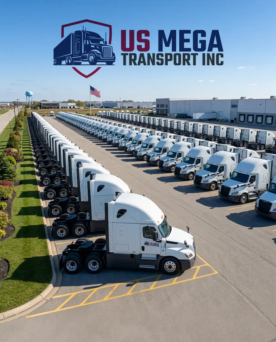 US Mega Transport tractors and professional drivers ready for nationwide dry van freight.